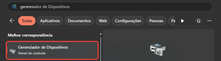Pesquisa do Windows com Gerenciador de Dispositivos em destaque