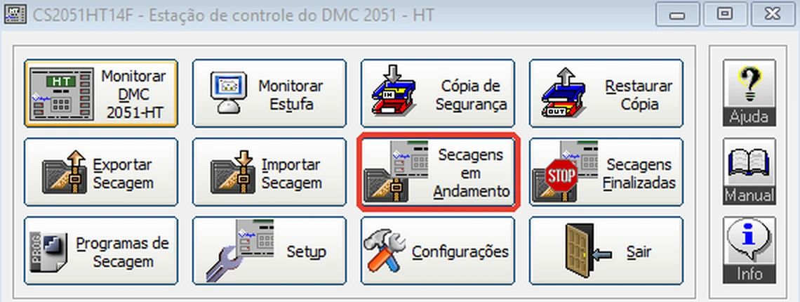 Tela inicial do CS2051HT14F com o botão Secagens em Andamento em destaque